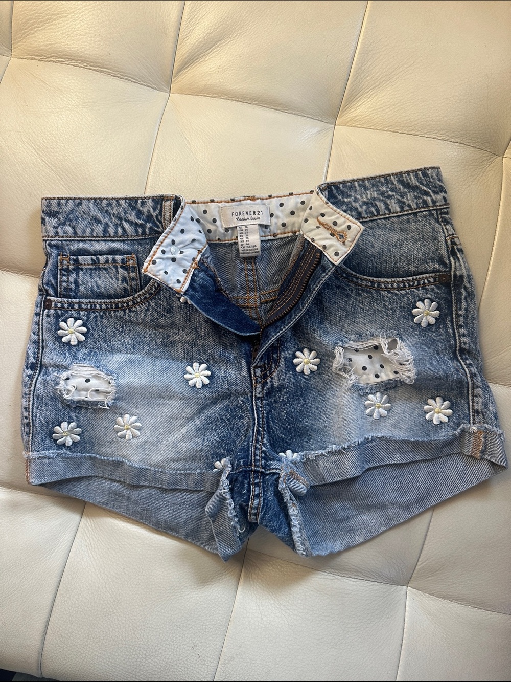 Forever 21 Light Blue Daisy Embellished Distressed Denim Shorts